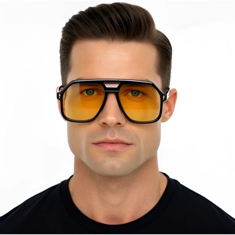 Mens Sunglasses Black Flat Top Square Yellow Gradient Lenses Modern Hip Hop 2026